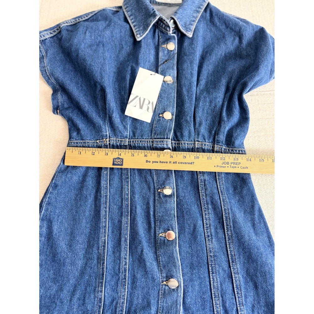 Zara Denim Mini Dress Large‎ Blue NEW Button Down Cap Sleeve Tailored Structured - Picture 5 of 8